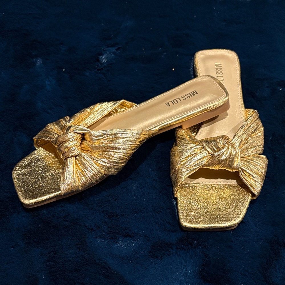 Miss Lola Metallic Gold Knotted Slide Sandals - Picture 2 of 2